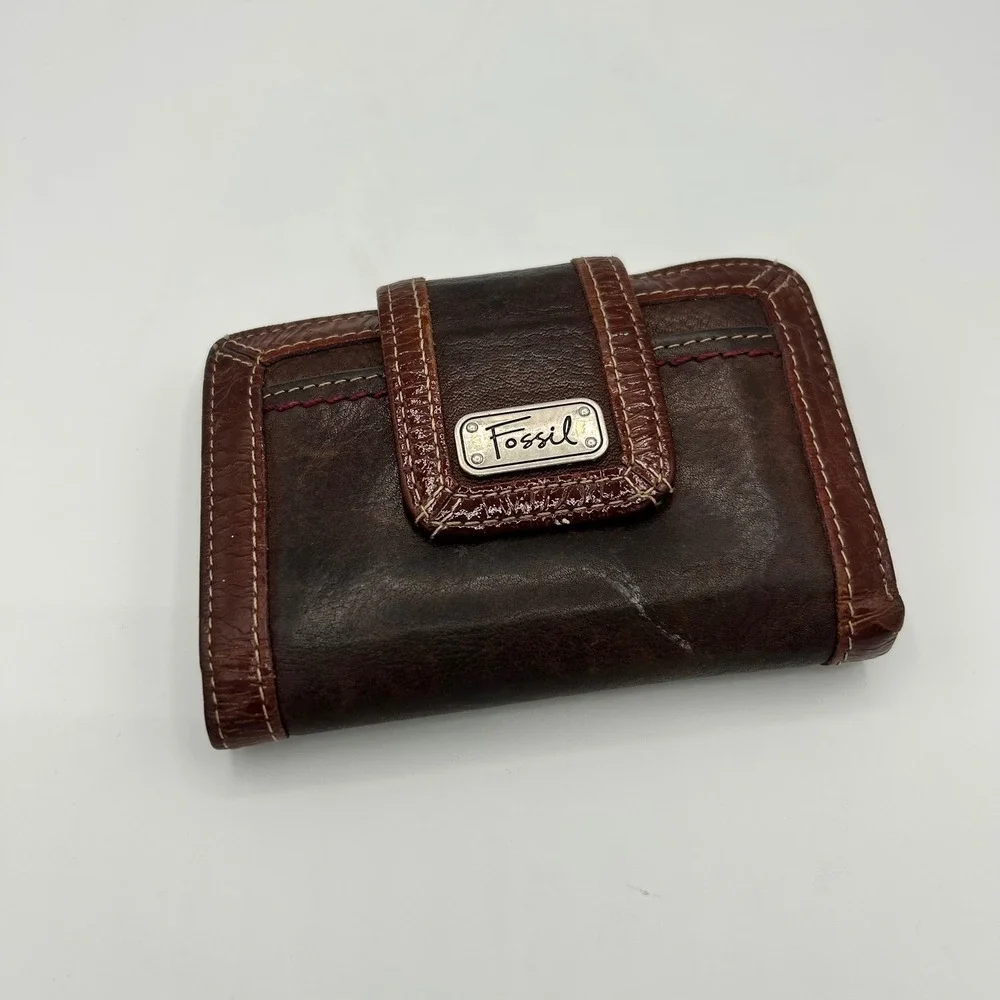 Fossil Vintage Brown Leather Bifold Wallet Distressed Contrast Stitch Boho
